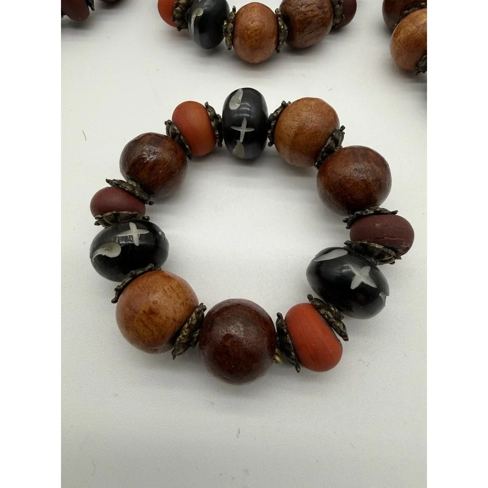 Set of 6 Napkin Rings Wood Metal and Plastic Beads African Style 2.5